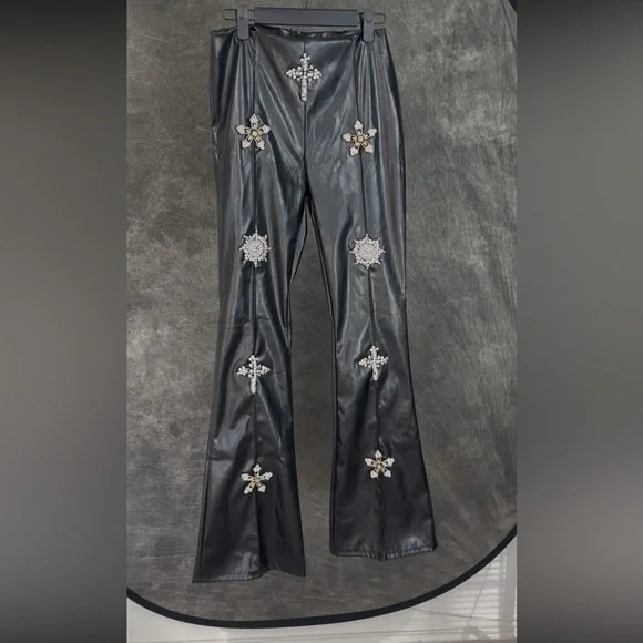 Fashion Nova Faux Leather Rhinestone Crop Top & Flare Pants Set | Black | M - Picture 6 of 15